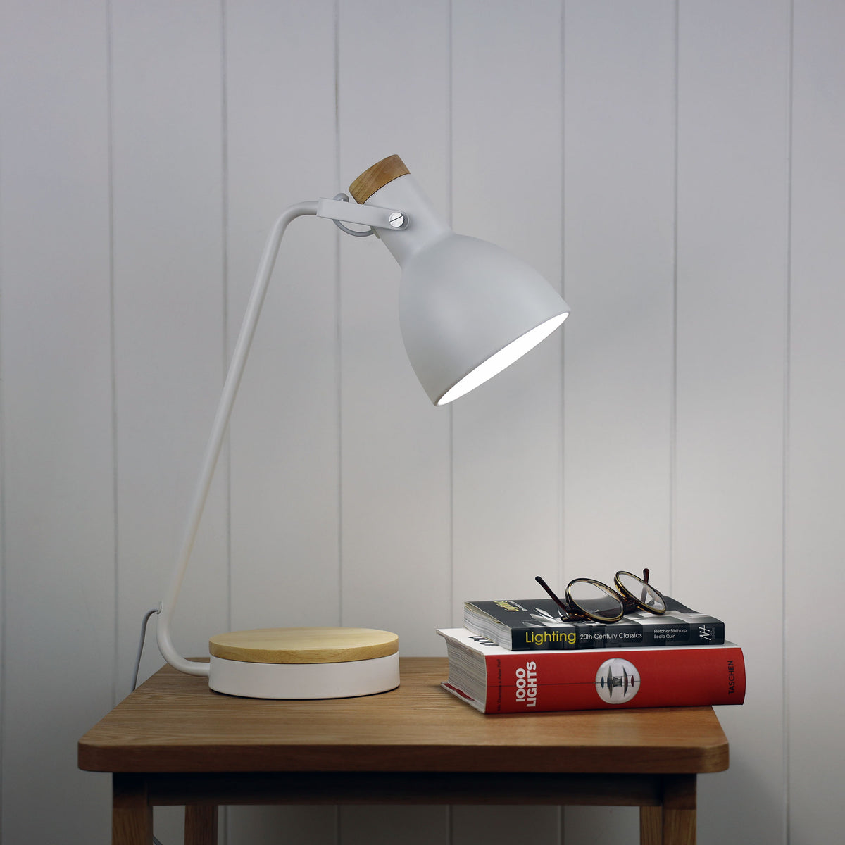 Benny Desk Lamp with Wood Accents styled in a room