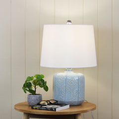 Bikki Embossed Ceramic Lamp with Harp Shade styled in a room