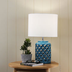 Casbah Teal Moorish Cut Ceramic Table Lamp styled in a room