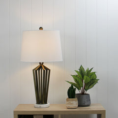 Romsey Geometric Metal Lamp with Harp Shade styled in a room