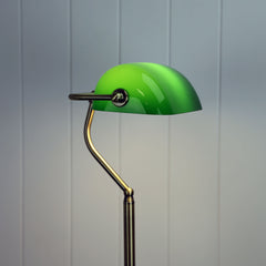 Bankers Antique Brass with Green Glass Shade Floor Lamp styled in a room