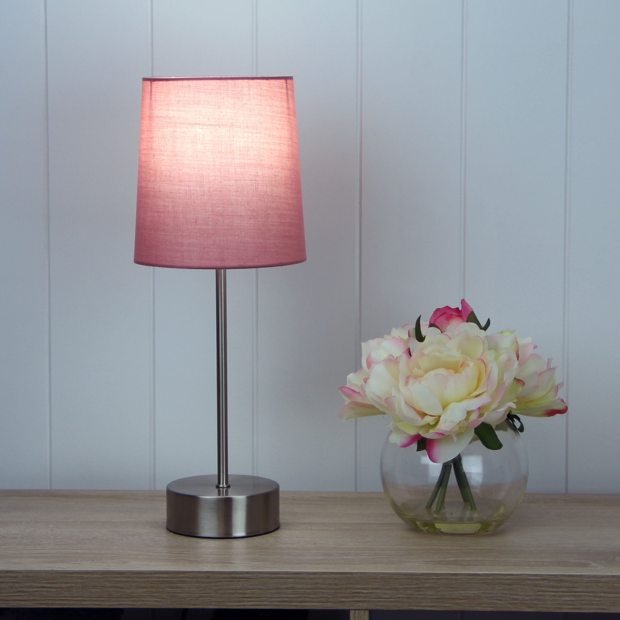 Lancet ON-OFF Touch Lamp Pink Shade styled in a room