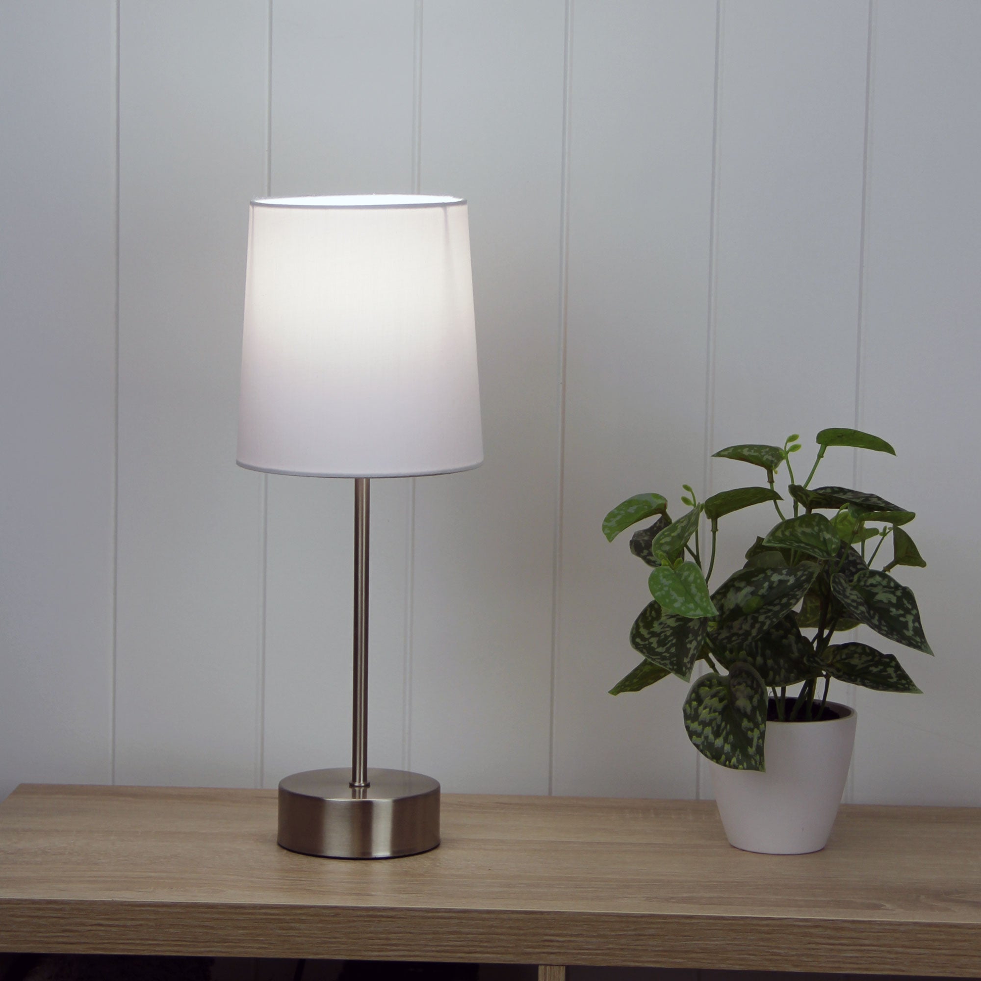 Lancet ON-OFF Touch Lamp White Shade styled in a room
