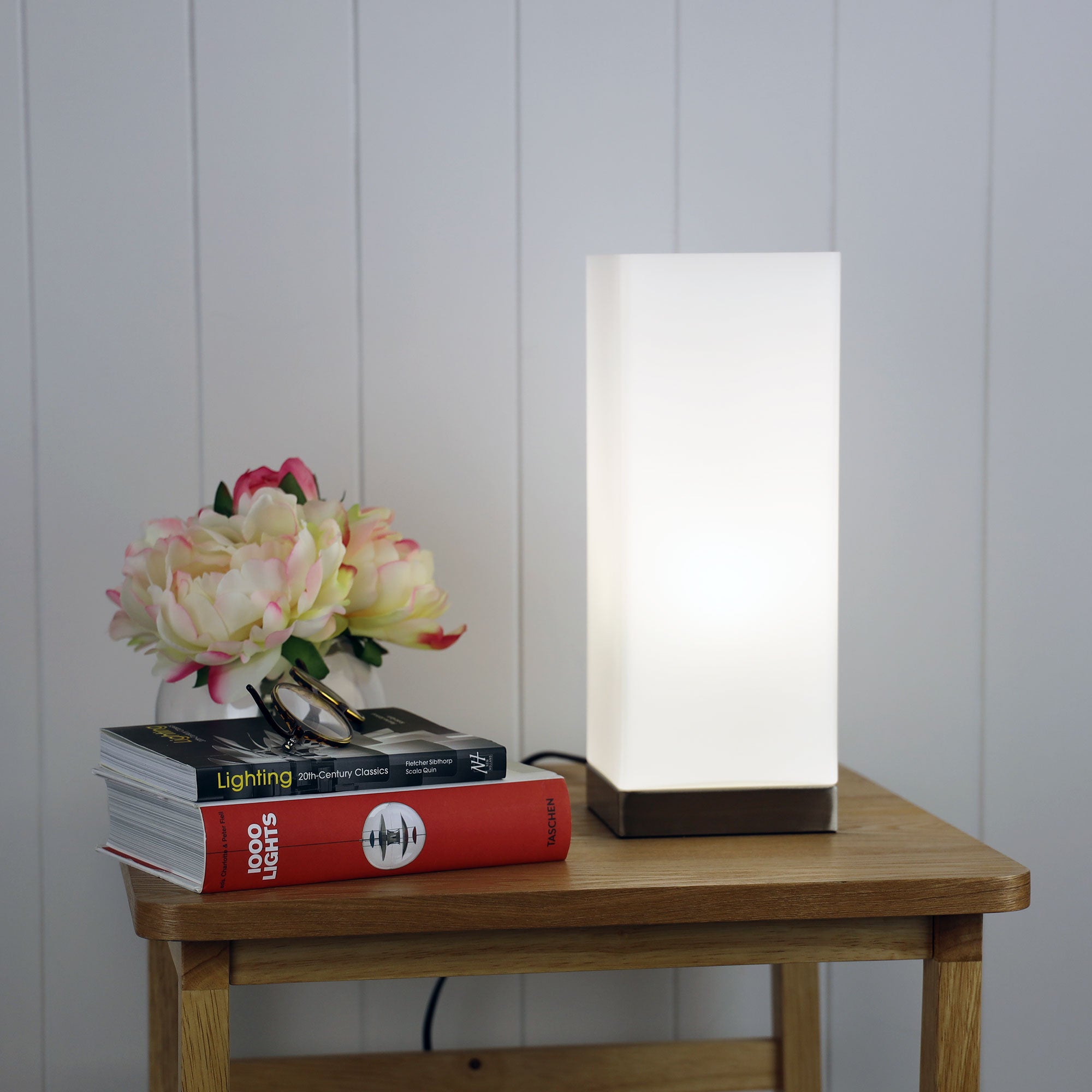 Paro Square ON-OFF Touch Lamp Opal Matt Glass styled in a room