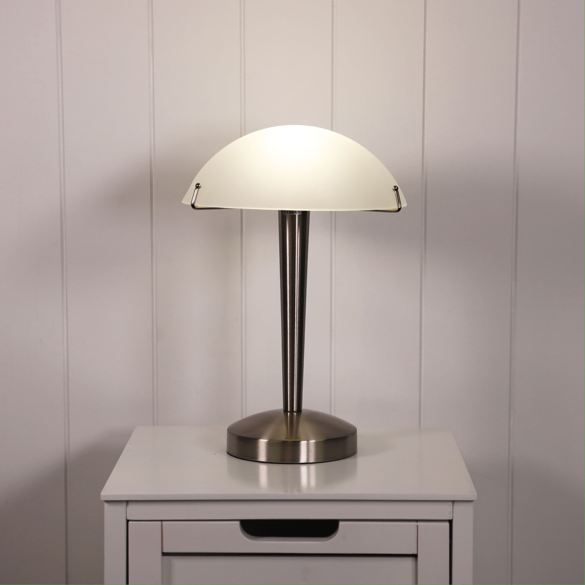 Ruby ON-OFF Brushed Chrome Touch Lamp styled in a room
