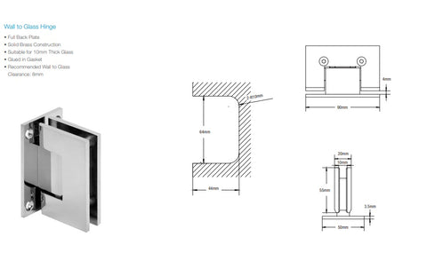 Perth Series Wall-to-Glass Shower Screen Full Back Plate Hinge - Brushed Nickel