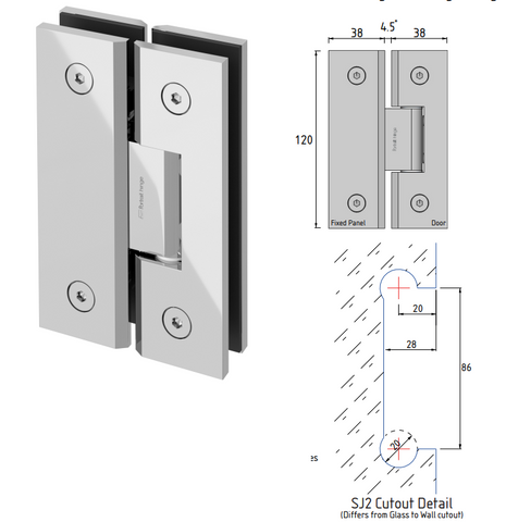 Portrait Glass to Glass Shower Screen Hinge to Suit 10mm Glass - Brushed Brass