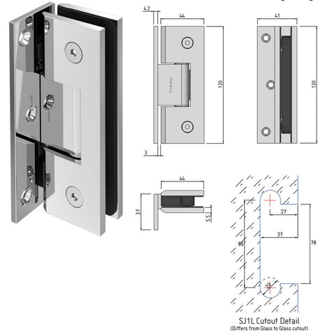 Portrait Glass to Wall Shower Screen Hinge to Suit 10mm Glass - Chrome