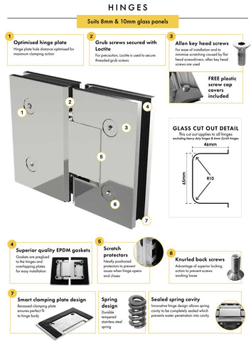 Chrome Frameless Wall to Wall Shower Screen with brackets, Door and Hinge Panel