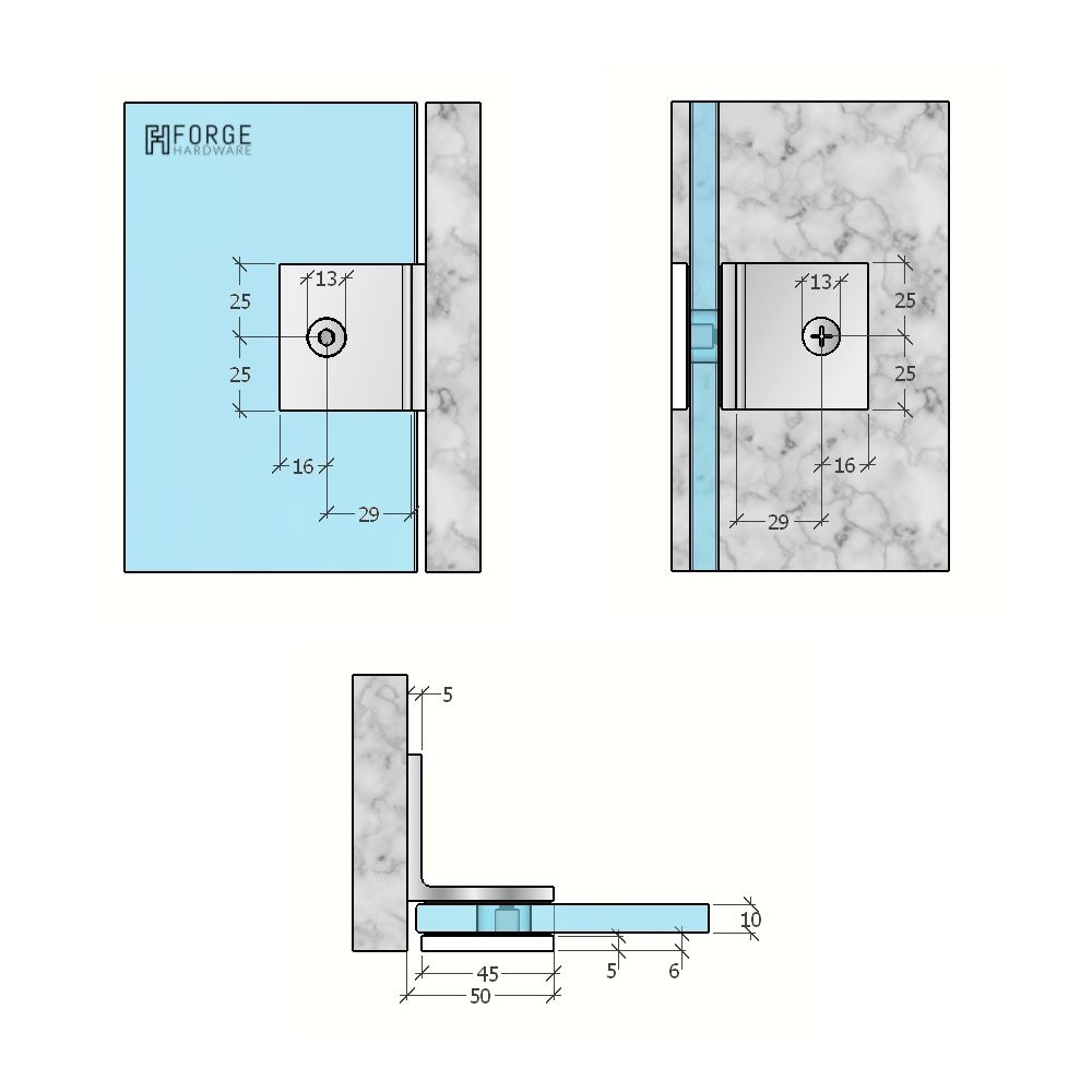 FORGE SHOWER SCREEN SQUARE BRACKET - GLASS TO WALL - 90 DEGREE - POLISHED GUNMETAL