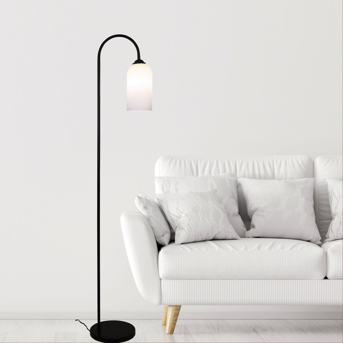 Arlington Opal Matt Glass Floor Lamp styled in a room