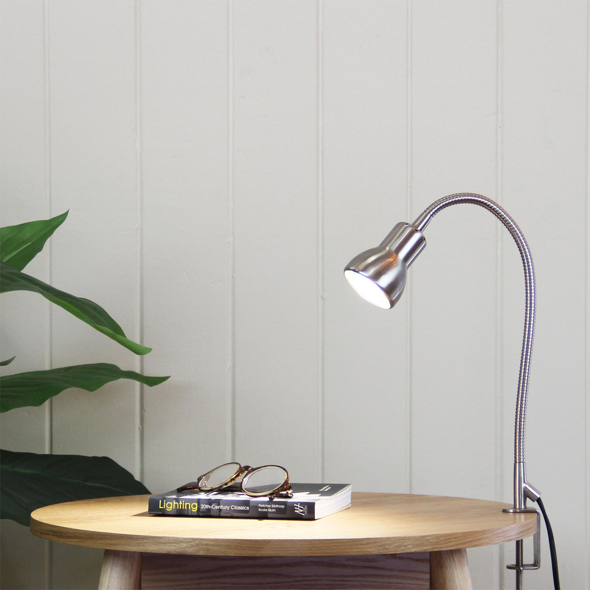 Scope Gooseneck Clamp Lamp Brushed Chrome Desk Lamp styled in a room