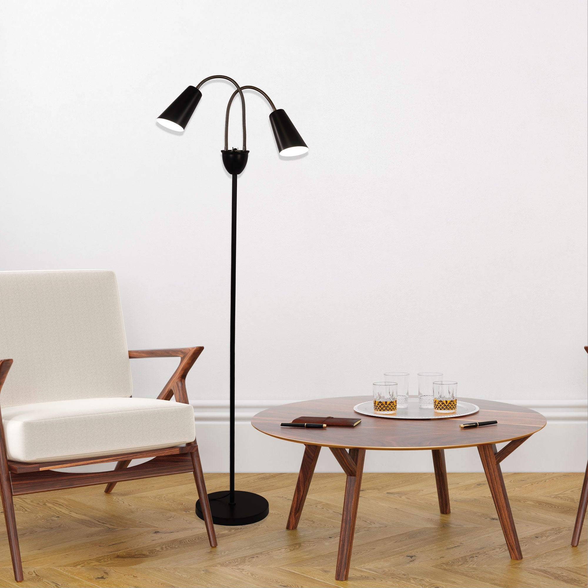 Walt Twin Flexible Neck Lamp Black with Antique Brass Floor Lamp styled in a room