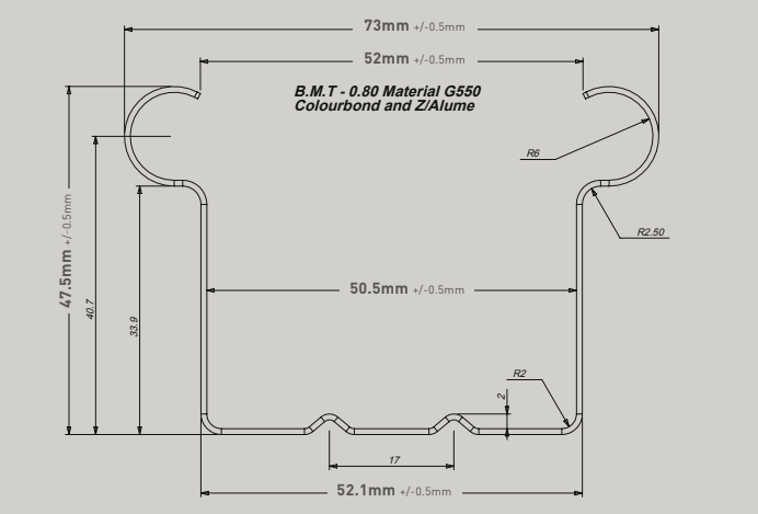 Technical drawing of a metal profile with dimensions and specifications