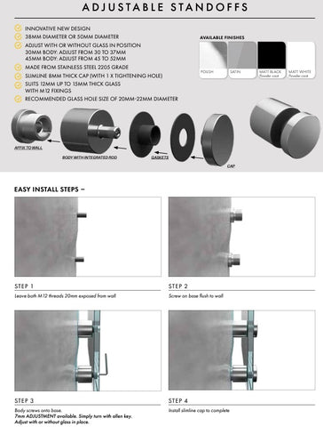 Adjustable Glass Standoff - 50mm Diameter Cap with 30mm Body