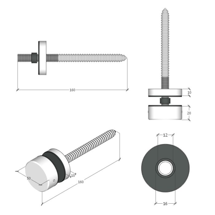 BF10005010TS – Glass Anchor 50mm Diameter x 10mm Spacer Timber Fix SSS – supplier gallery view 3