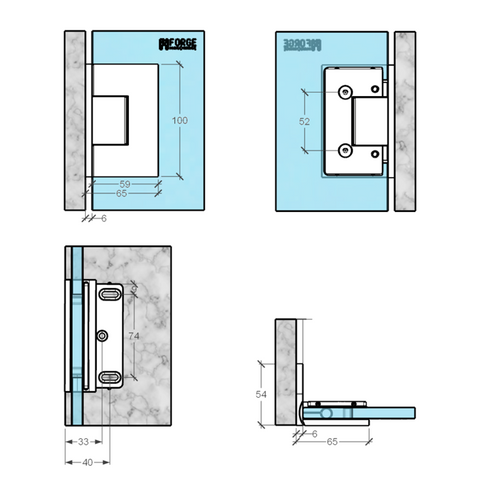 Forge Frameless Shower Hinge Heavy Duty Adjustable Glass to Wall L-Shape 90 Degrees - Gunmetal Grey