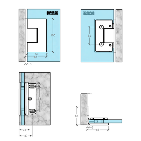 Forge Frameless Shower Hinge Heavy Duty Adjustable Glass to Wall L-Shape 90 Degrees - NERO Brushed Gold