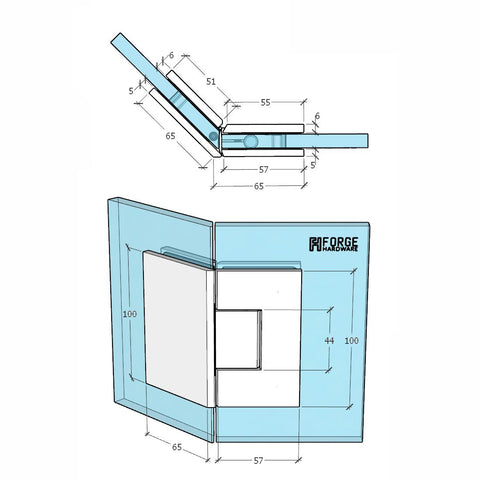 Forge Frameless Shower Hinge Heavy Duty Adjustable Glass to Glass 135 Degrees - Gunmetal Grey