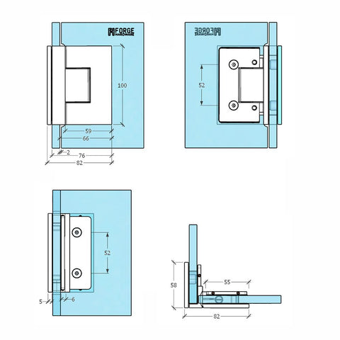 Forge Frameless Shower Hinge Heavy Duty Adjustable Glass to Glass 90 Degrees - Brushed Brass