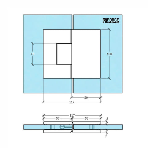 Forge Frameless Shower Hinge Heavy Duty Adjustable Glass to Glass 180 Degrees - Chrome