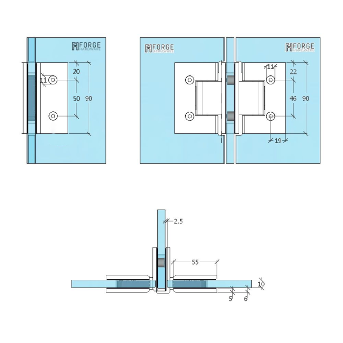 ES3BN – FORGE Shower Hinge Glass to Glass Back to Back Brushed Nickel – supplier gallery view 3