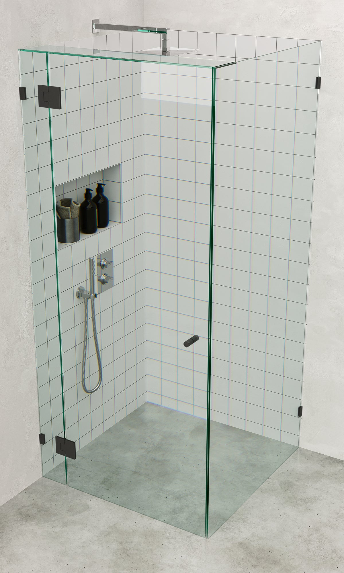 Gun Metal Grey Frameless Corner Shower Screen with wall brackets