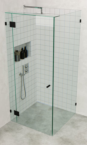 Matt Black Frameless Corner Shower Screen with wall brackets