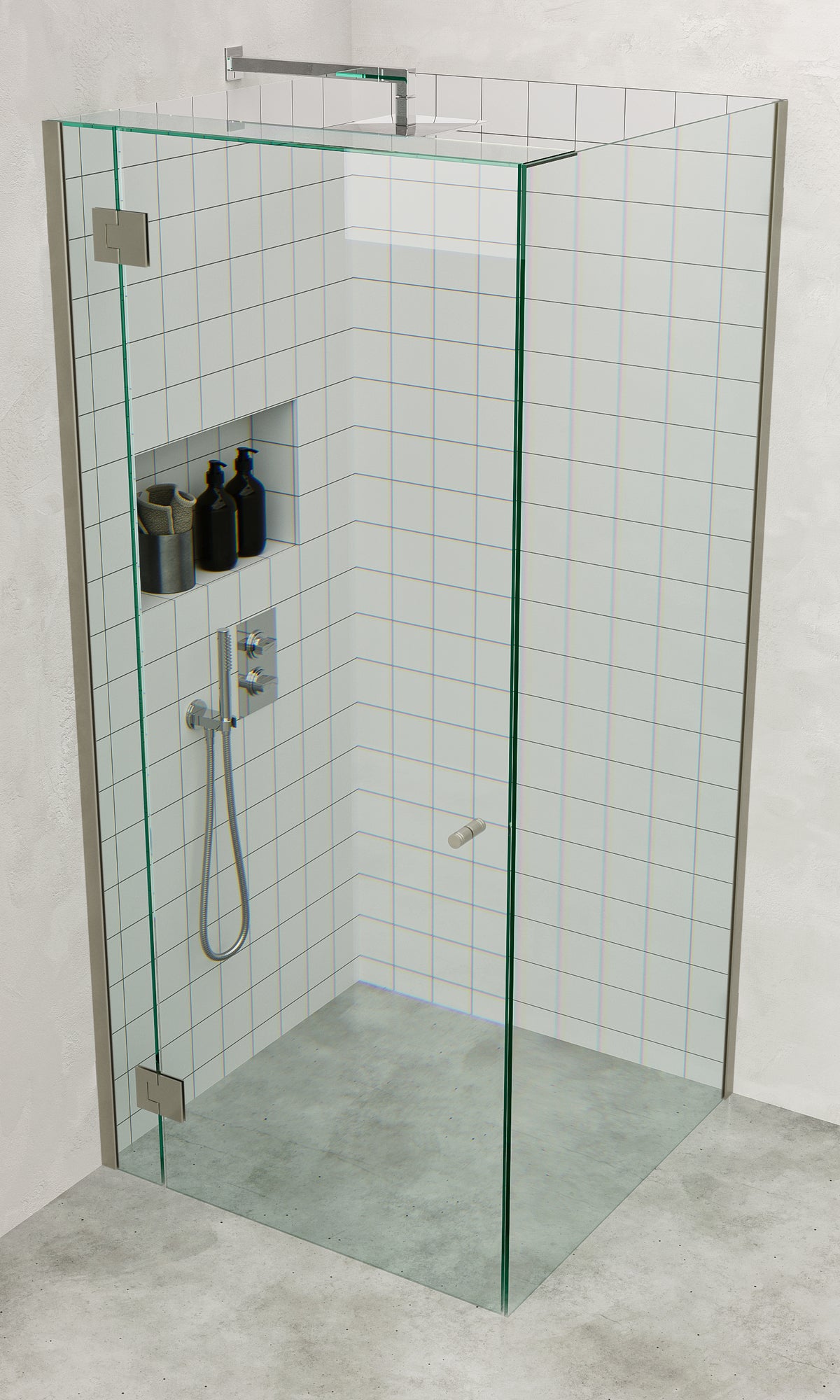 Brushed Nickel Frameless Corner Shower Screen with extended Dry Glaze U Channels