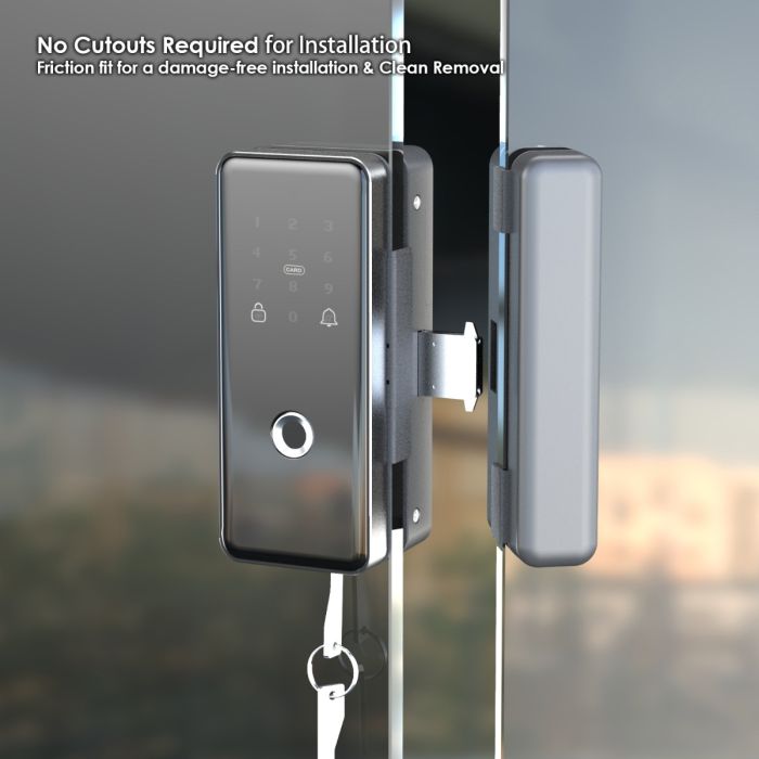 FHFEGLFFKEYG9A – Biometric Frameless Glass Office Door Friction Fit Smart Lock G3 15mm Glass – supplier gallery view 3