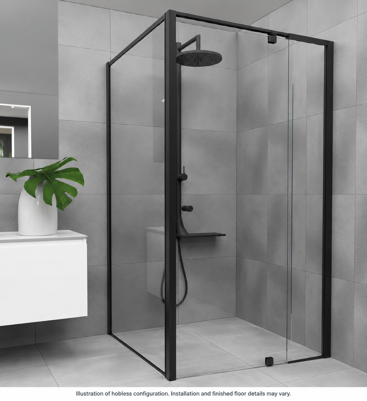 Matt black full shower screen. Illustration of hobless configuration. Installation and finished floor details may vary. Optional return panel pictured.