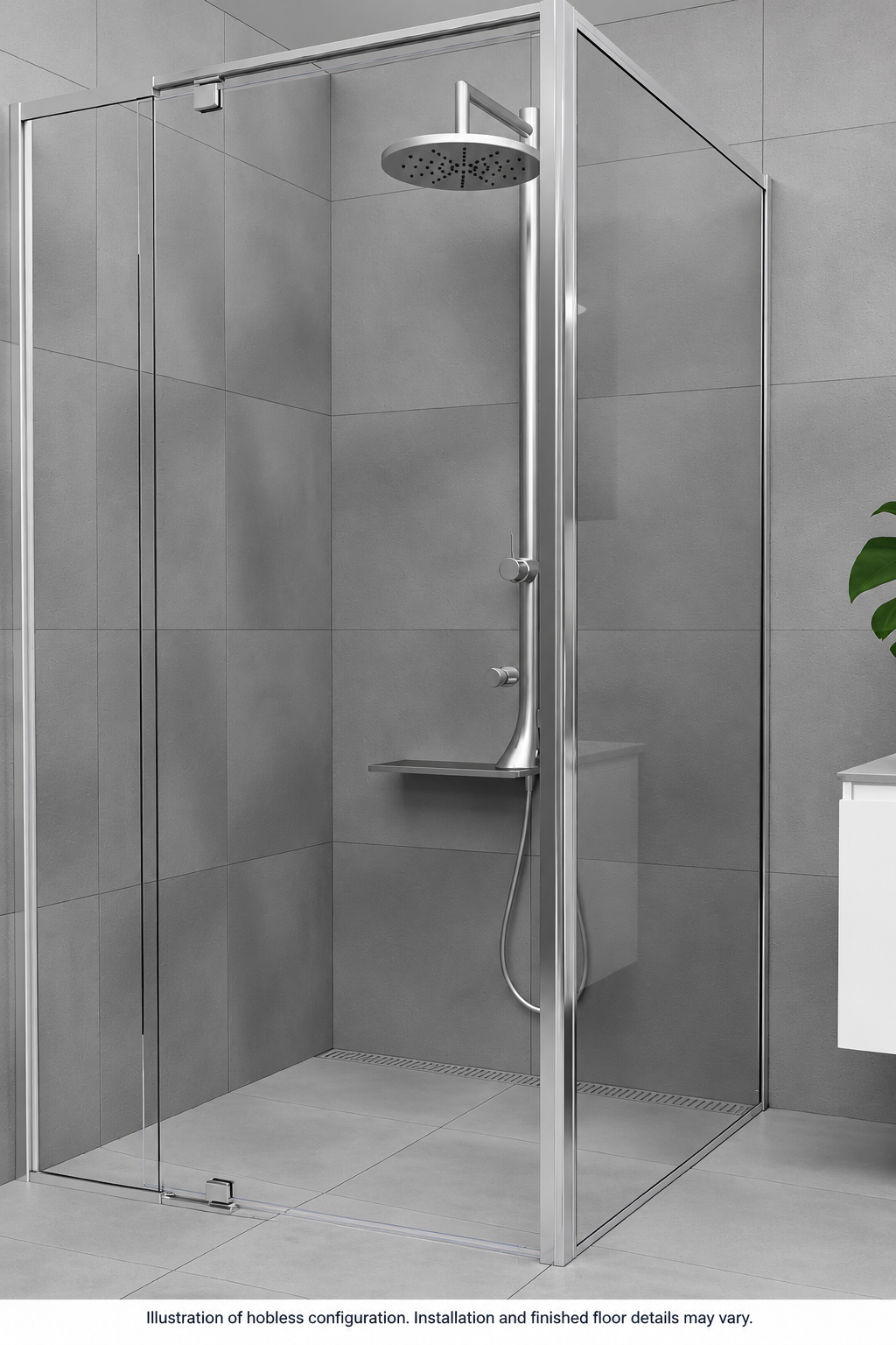Polished silver full shower screen. Illustration of hobless configuration. Installation and finished floor details may vary. Optional return panel pictured.