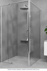 Polished silver full shower screen. Illustration of hobless configuration. Installation and finished floor details may vary. Optional return panel pictured.