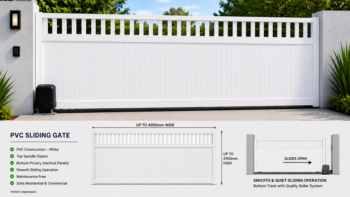 Custom made, SLAT TOP Sliding gate, Hampton Fence Gate, PVC, up to 2100 x 4900mm, Flat pack