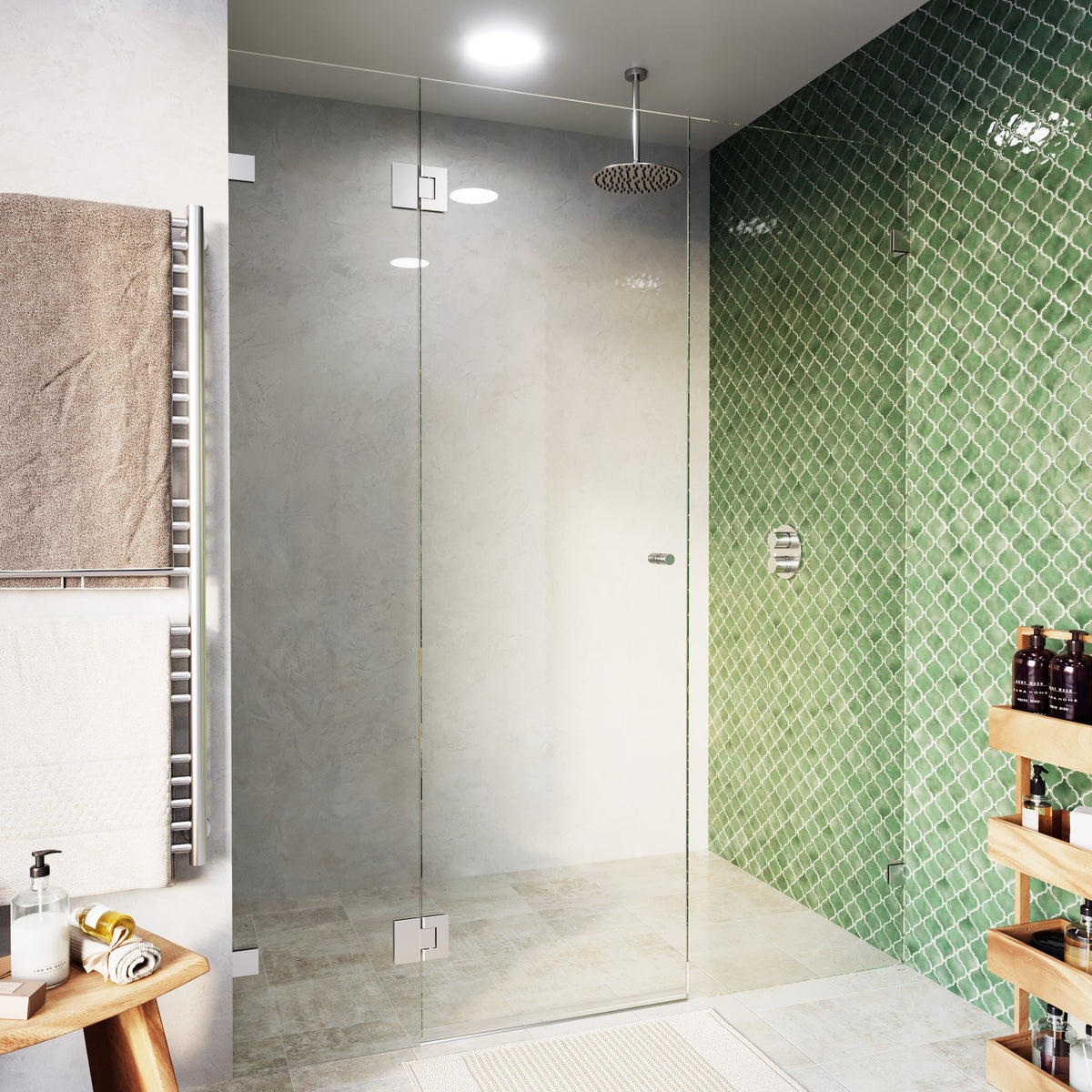 Frameless Glass 3 Panel Inline Wall to Wall Shower Screen - 2000mm high, 10mm Toughened Glass - Chrome