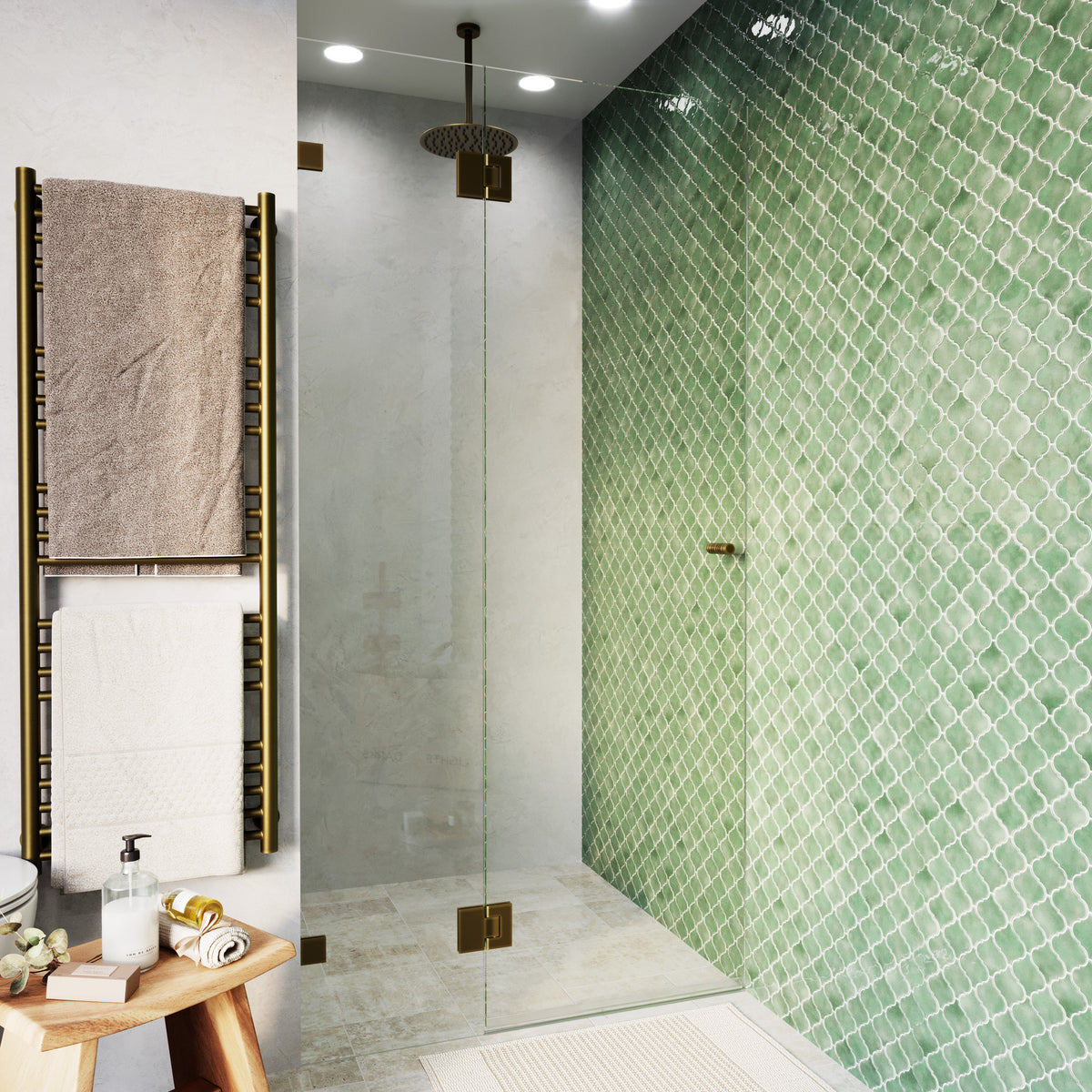 Frameless Glass Wall to Wall Shower Screen Door and Hinge Panel - 2000mm high, 10mm Toughened Glass - Brushed Antique Brass