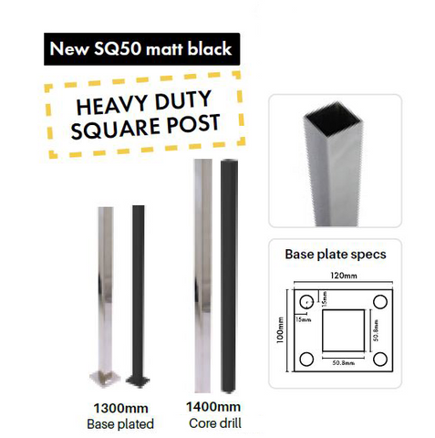 SQ50 heavy duty posts - 50.8x50.8mm square SS316 - 2mm wall thickness - Various lengths