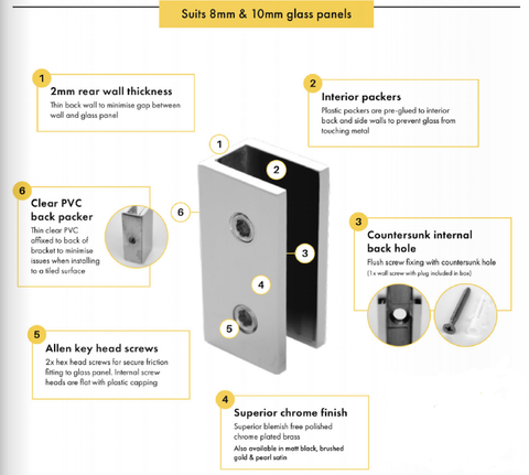 Brushed Brass / Gold shower screen bracket, clamp, mount, 8 - 10mm glass