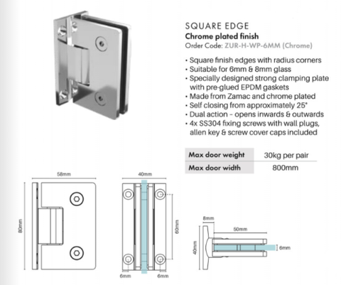 Frameless Glass Shower Hinges, Very High Quality, for 6 and 8mm glass.