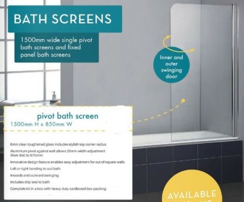 180 Degree Pivot Door 6mm Safety Glass Bath Shower Screen 850x1500mm