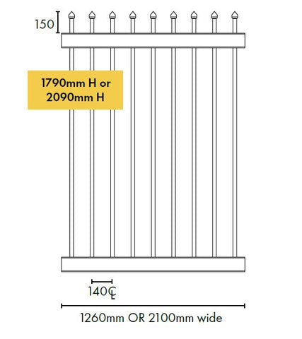 Zeus steel middle sliding gate panel 1790MM or 2090MM H x 1260mm W or 2100mm W