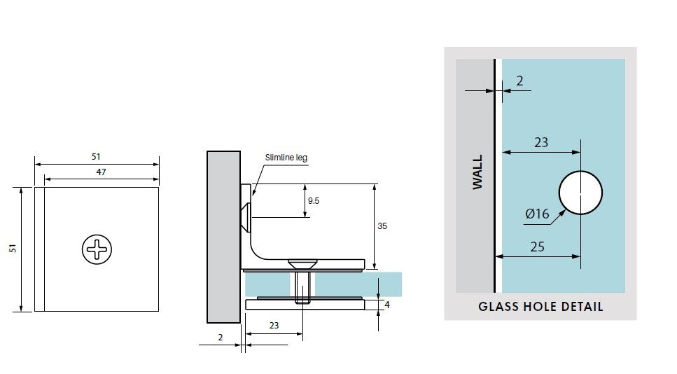 Square slimline offset wall bracket for frameless glass shower screens, gun metal grey, white, matt black , chrome