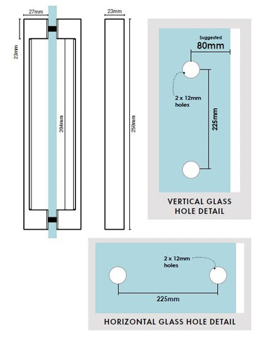 Zürich Square D handle - 250mm long , Shower Screen D Handle