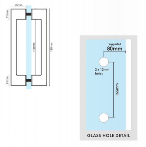 Square "D" shower door handle stainless steel or matt black, d handle 180mm long