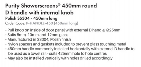 "D" shower door handle stainless steel , D HANDLE 450mm long, towel rail shower