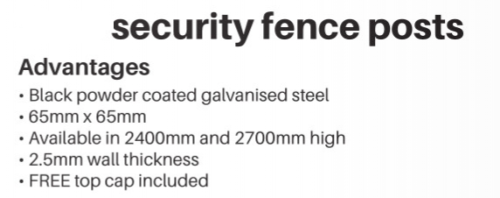 65 X 65mm Black Powder Coated Galvanised Steel , WITH TOP CAP, 2.5mm Gauge