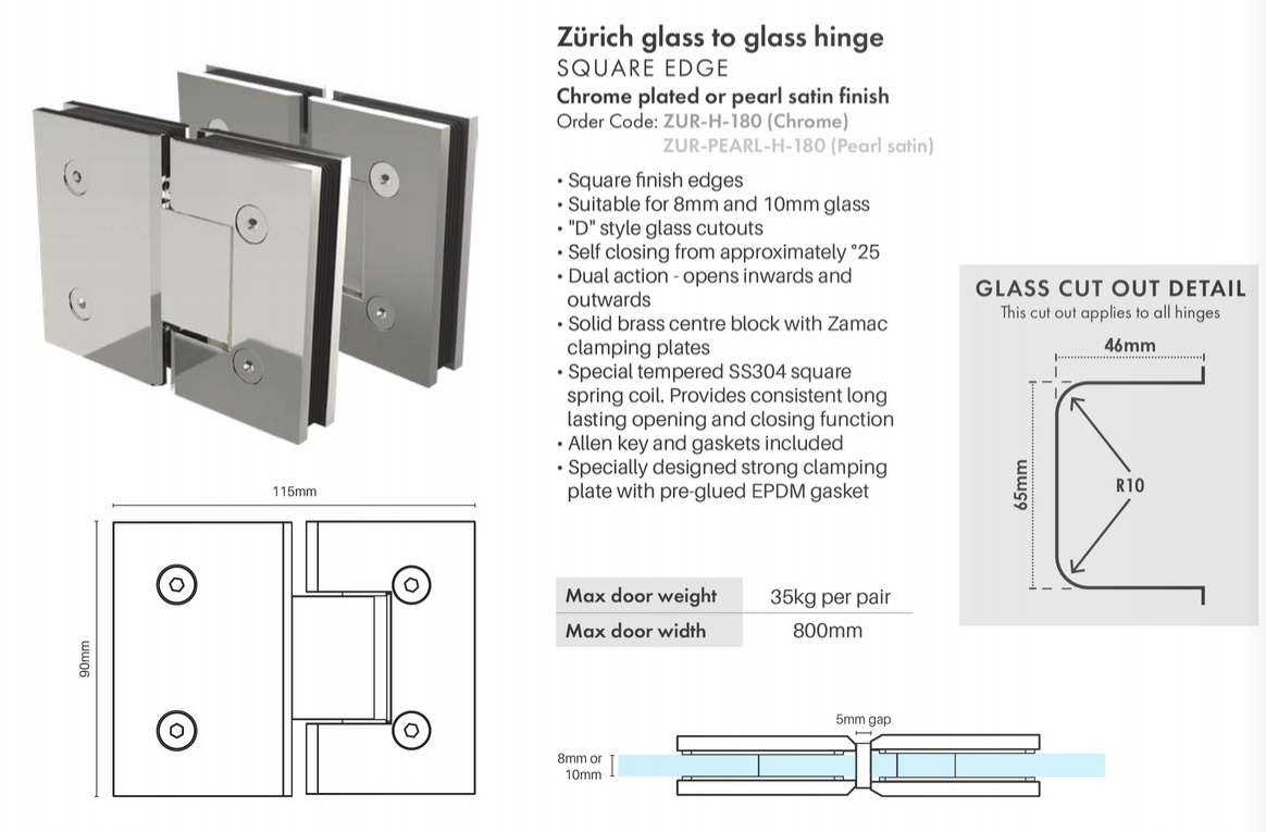 10mm Frameless Glass Shower Door, 2041mm x 600mm, with hinges and handle.