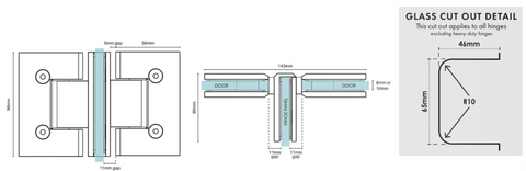 3 way Shower Door Hinge, T style hinge, Chrome or Matt Black