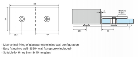Wall Brackets for Frameless Glass Shower Screens, SOLID BRASS, Suits 6mm, 8mm, 10mm