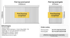 Aluminium tubular pool gate flat top, certified, 1200 x 975mm, choose colour
